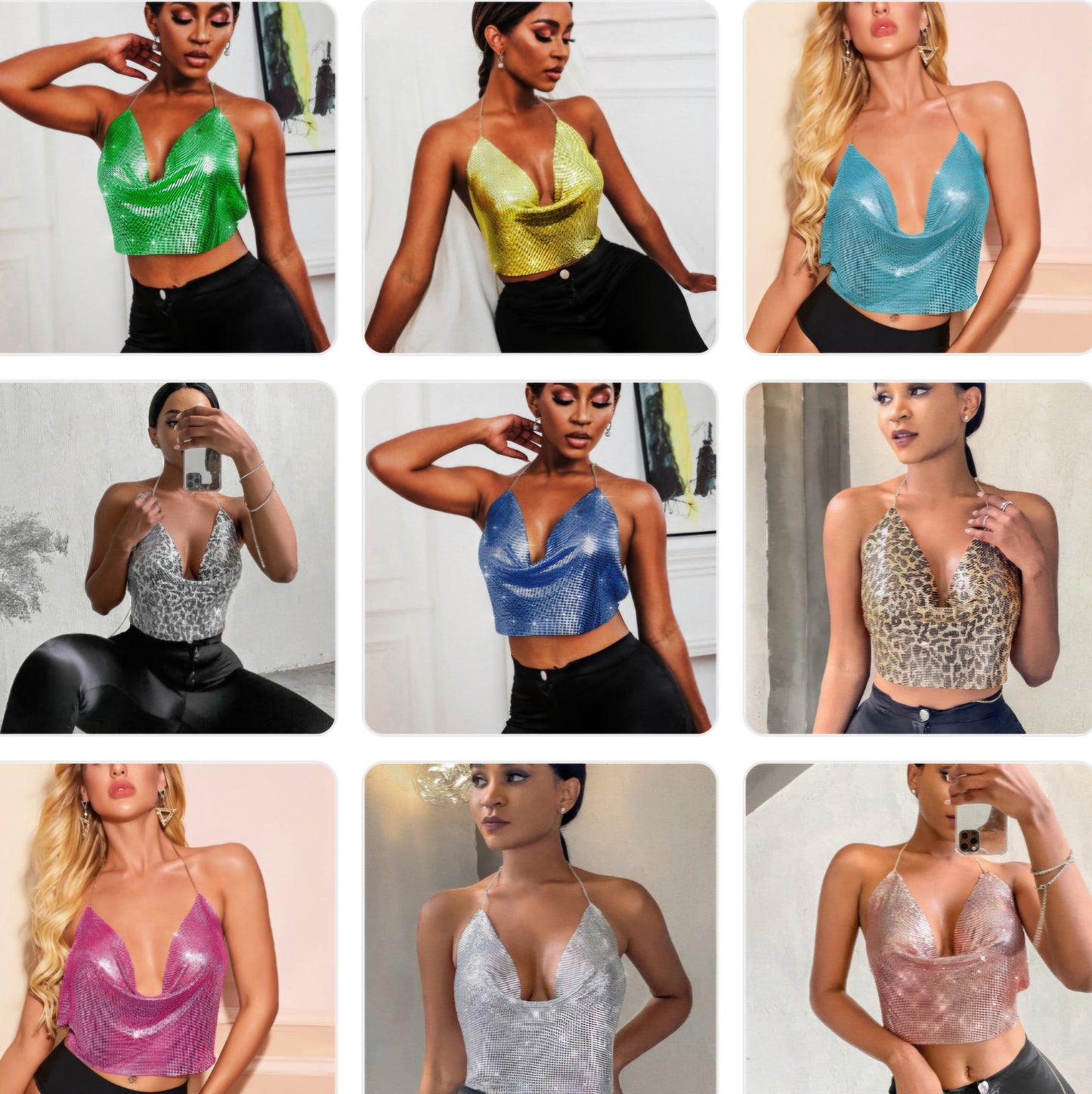 Sleeveless Backless Metal Sequin Leopard/Solid Halter Strap Women's Tank Top