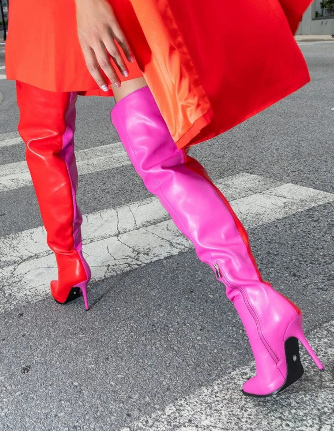 Colorblock 2-Tone Stiletto Heel Over-the-Knee Pointed Toe Side Zipper Boots