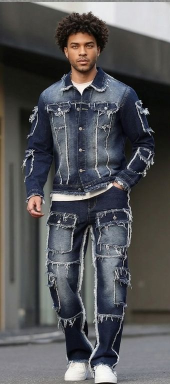 Men's Gradient Colorblock Denim Ripped Faded Dark Blue Fringe Hem Multi-Pocketed Hip-Hop Cargo Jeans 2-Piece Set (Jean Jacket + Stacked Jeans)