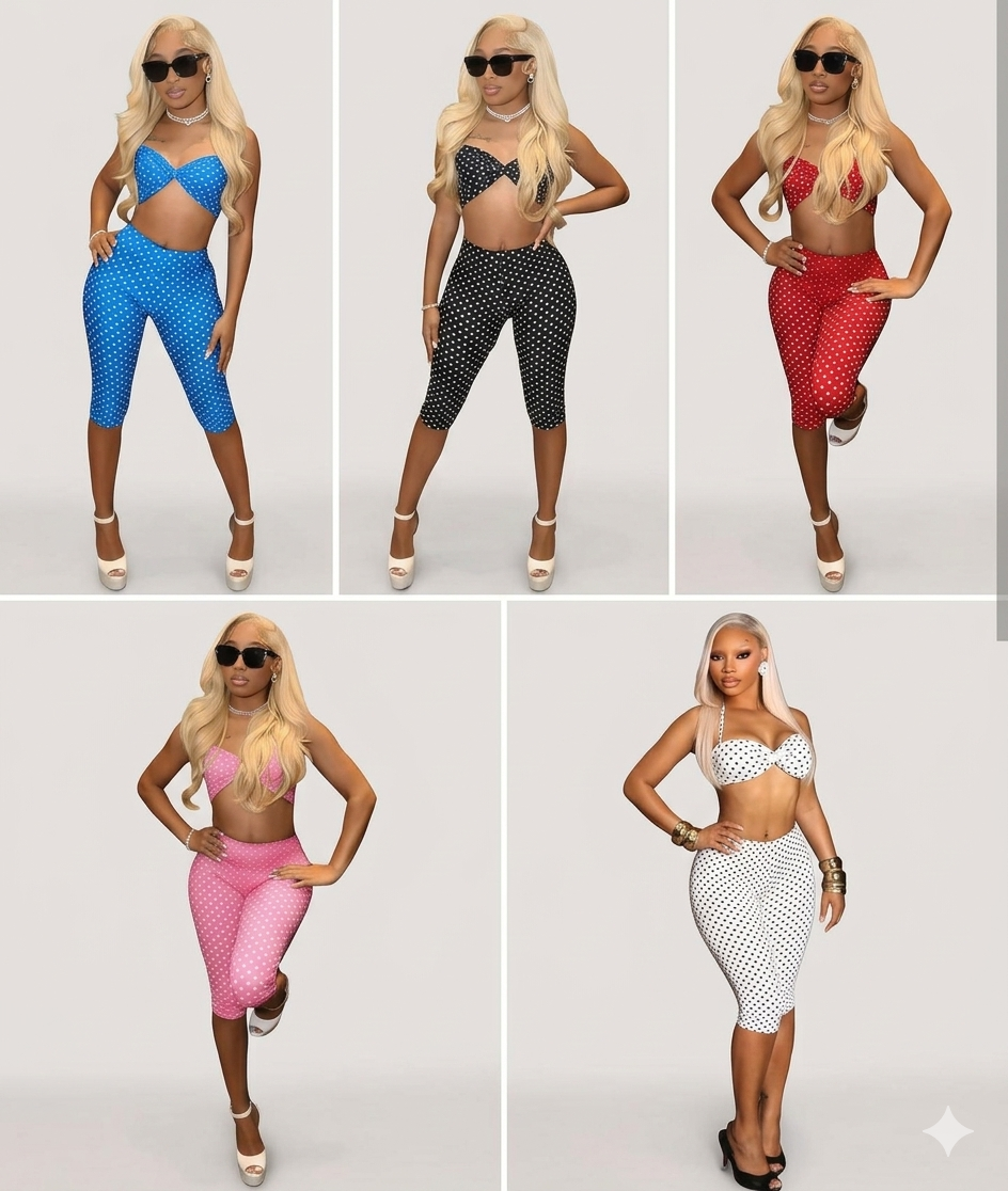 Polka Dot Print Women's Bikini Top + Skin Tight Capri Pants 2-Piece Set