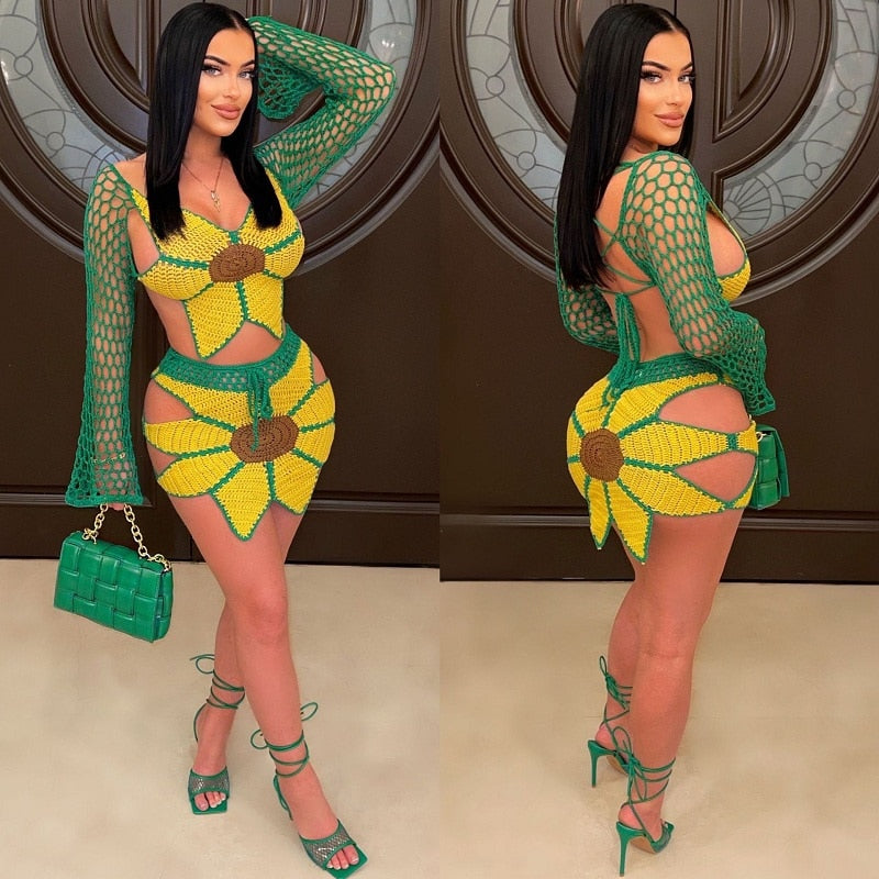 Handmade Women's Crochet Green/Yellow Sunflower Design Swimwear Cover-Up 2-Piece Set: Long Sleeve Hollow-Out Crop Top + Mini Bodycon Skirt