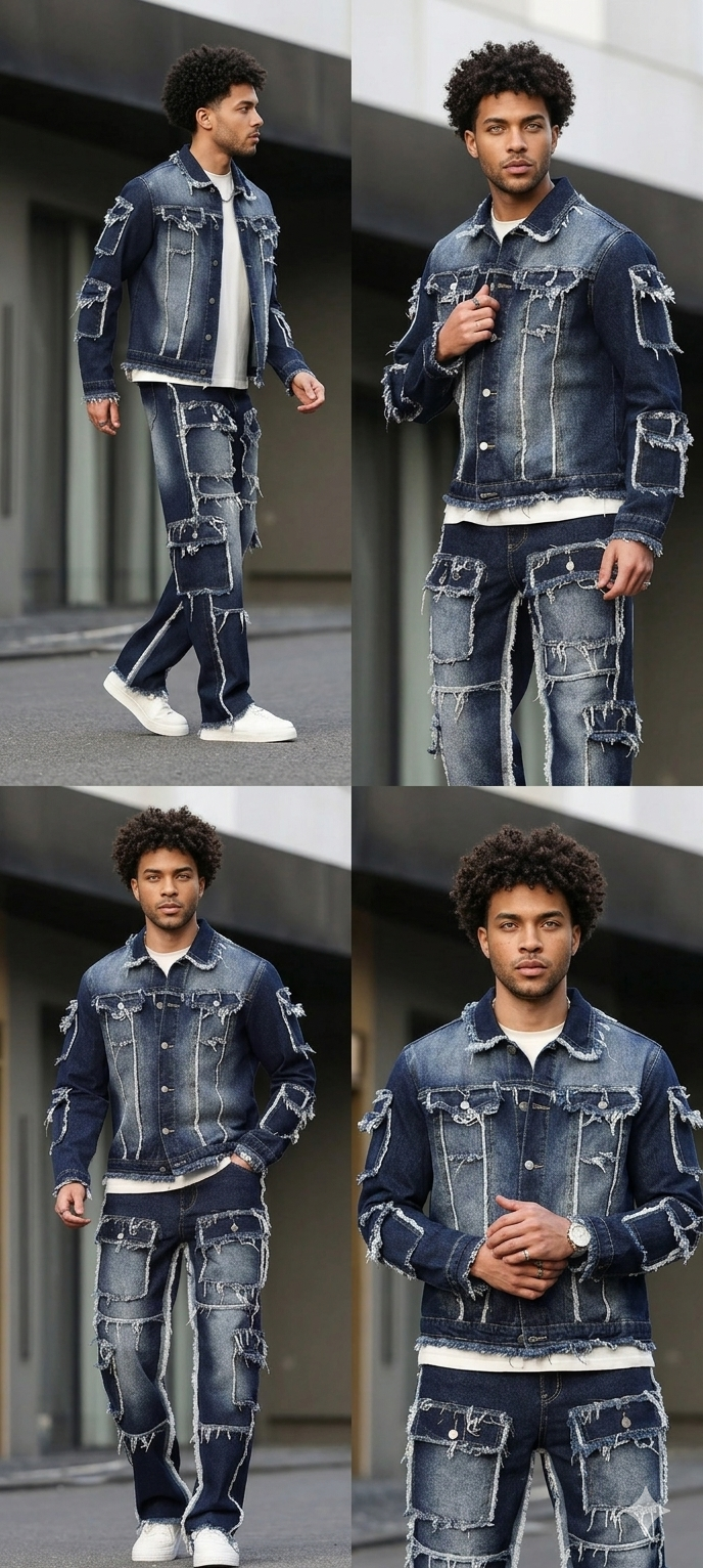 Men's Gradient Colorblock Denim Ripped Faded Dark Blue Fringe Hem Multi-Pocketed Hip-Hop Cargo Jeans 2-Piece Set (Jean Jacket + Stacked Jeans)
