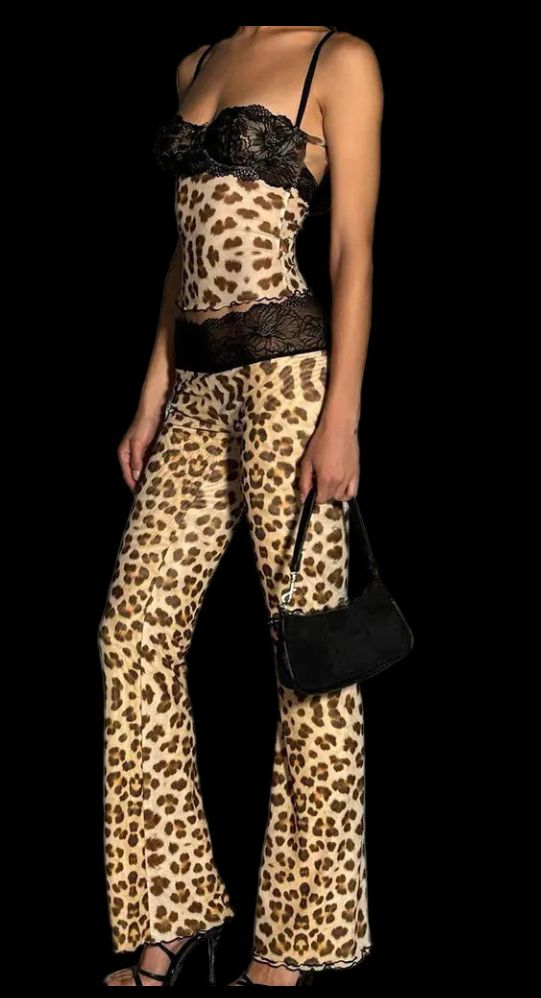 Tiered Leopard/Colorblock Lace Tank Top + Skinny Pants Women's 2-Piece Set