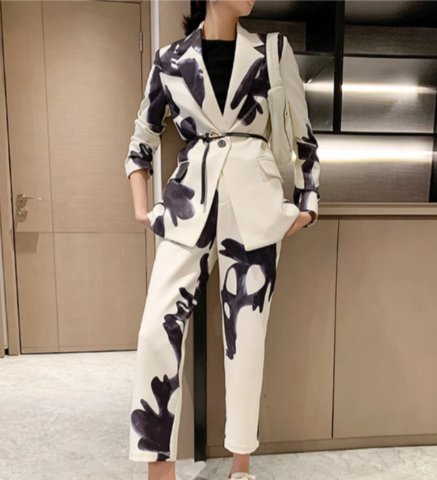 Designer Floral Print Abstract Colorblock Notched Long Sleeve Blazer + High Waist Pants Women's Business Suit