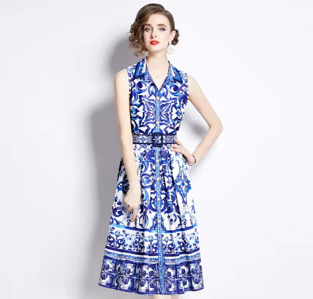 Sleeveless Floral Baroque Print Turn-Down Collar Belted Maxi Dress