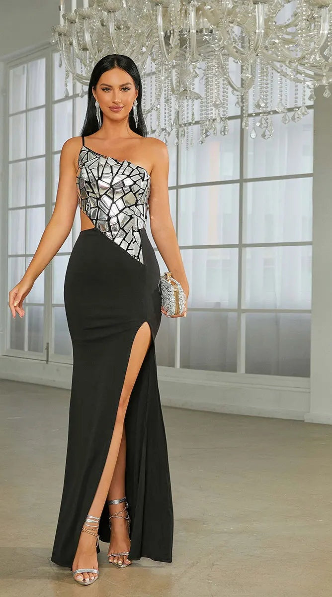 Metallic Silver/Black Asymmetrical Geometric Sequin  Cut-Out High Slit Party/Prom Formal Floor-Length Dress