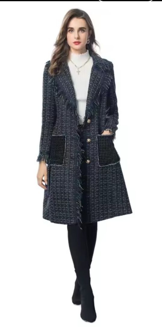 Plaid Wool Tassel Fringe Design Women's Oversized Pocket Single-Breasted Long Sleeve Trenchcoat w/ Belt