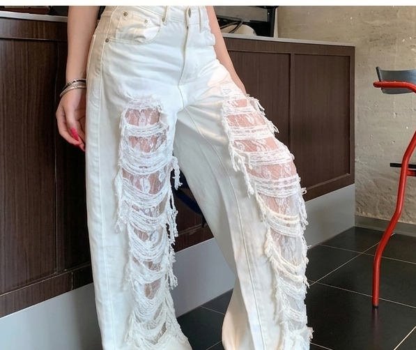 White Ripped Lace Fringe Hollow-Out Design Wide Leg Women's Hip-Hop Streetwear Jeans