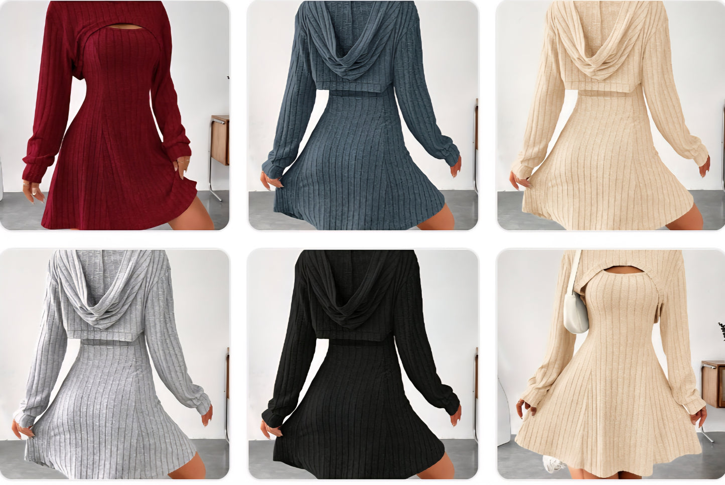 Cut-Out Ribbed Long Sleeve Solid Color Women's Hoodie Shrug Crop Top & Sleeveless Flared Square Neck A-Line Tank Dress 2-Piece Set
