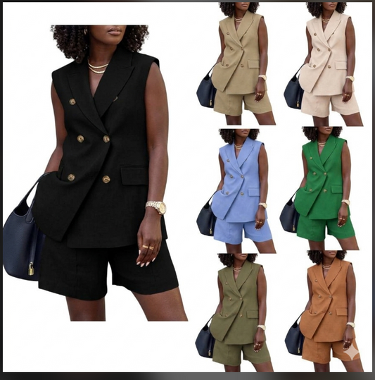 Business Button Design Double Breasted Women's Sleeveless Vest + Shorts Solid Color 2-Piece Suit