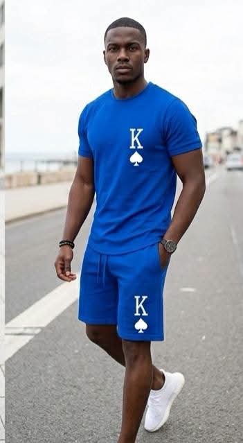 Men's King Of Spades Print Loose Solid Color Casual T-Shirt + Shorts 2-Piece Set to 6X Big & Tall