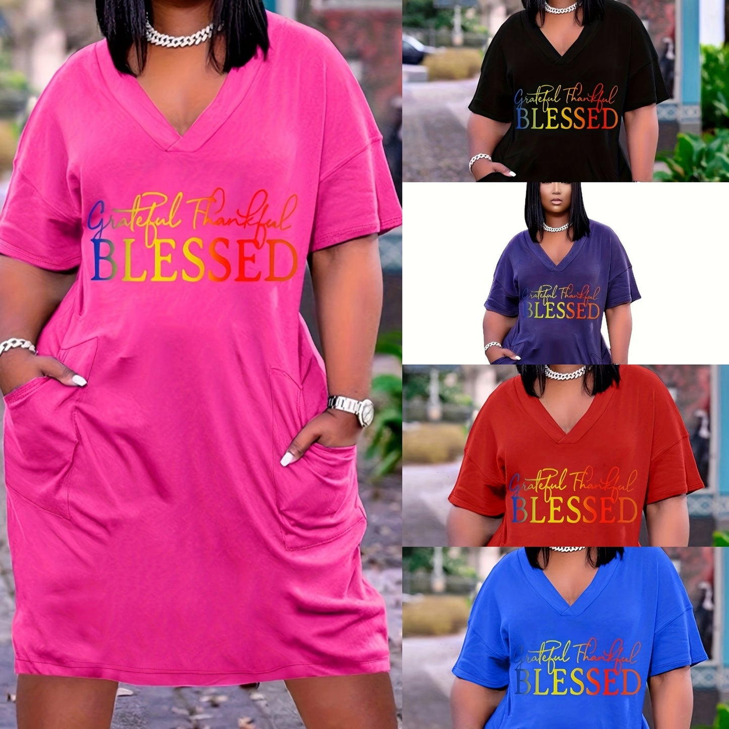 "Grateful Thankful Blessed" Gradient Letter Print Oversized Pocketed T-Shirt Dress to 8X Plus Size