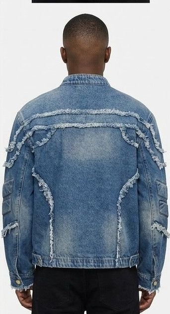 Men's Denim Vintage Tiered Tassel Fringe Embossed Frayed Shoulder Design Stand Collar Biker Jean Jacket