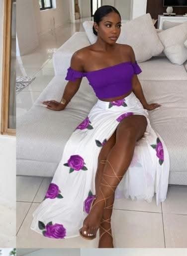 Polka Dot/Floral/Leaf/Peacock Off-the-Shoulder Short Sleeve Top & High Slit Maxi Skirt Women's 2-Piece Set to 3X Plus Size