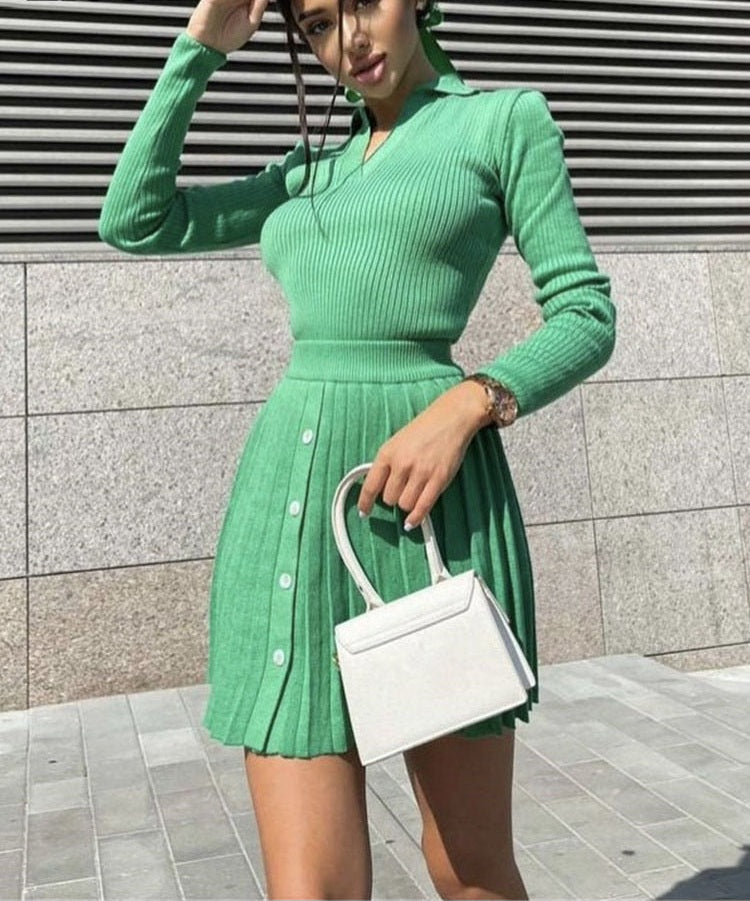 Solid Color Knitted Long Sleeve V-Neck Pullover Turn Down Collar Sweater + Pleated Button Front Mini Skirt 2-Piece Set