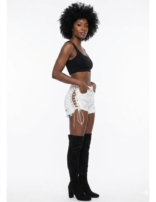 Denim Distressed Ripped Side Eyelet Lace-Up Hollow-Out Women's Bandage Mini Jean Shorts