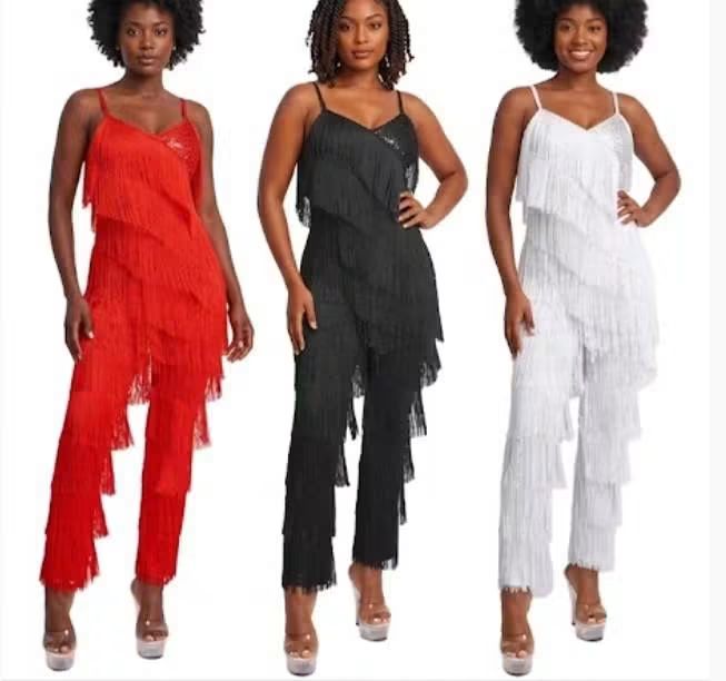 Sequined Tassel Fringe Design Sleeveless V-Neck Women's Formal Dance Jumpsuit