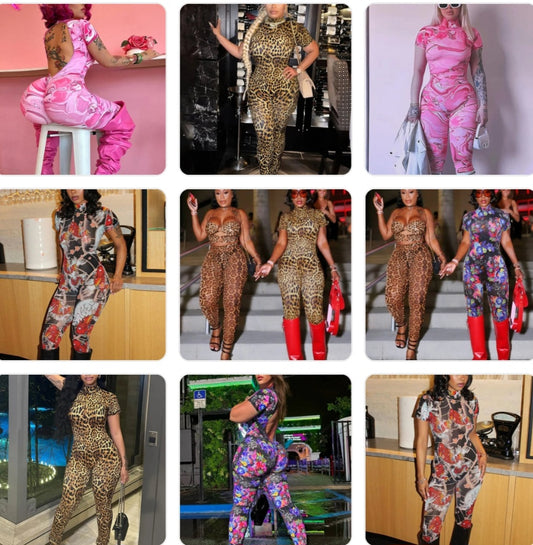 Backless Floral/Geometric/Leopard Print Women’s Fitness Short Sleeve Skinny Jumpsuit