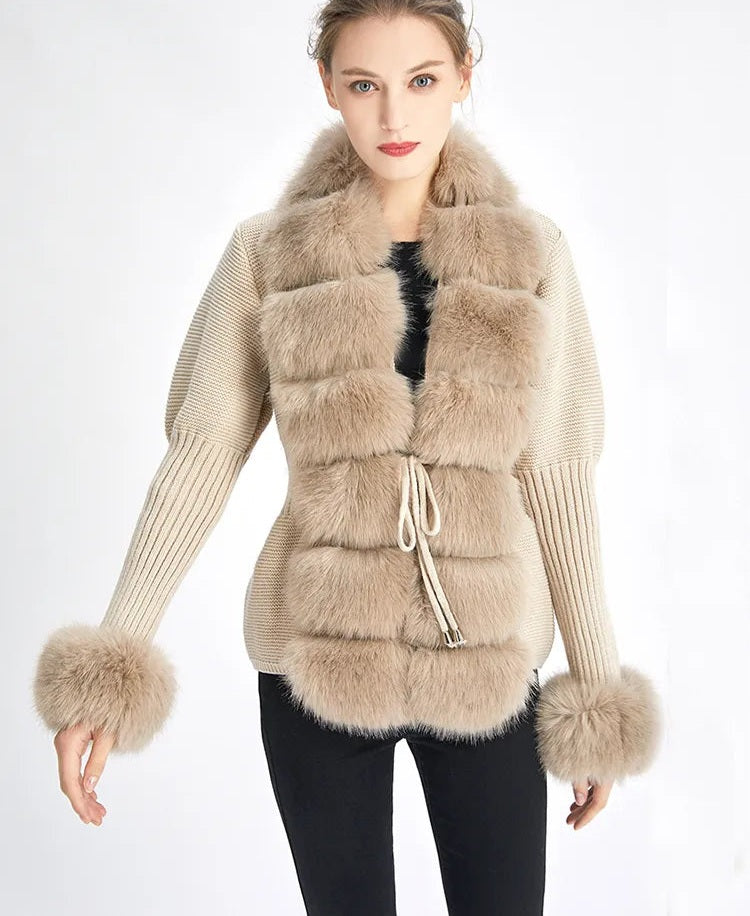 Faux Fur Ladies Knitted Detachable Collar Cardigan Sweater Jacket