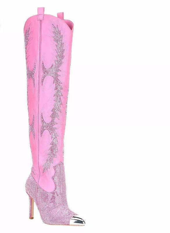 Western Embroidered Rhinestone Embellished Over-the-Knee Pointed Toe Thigh High Boots