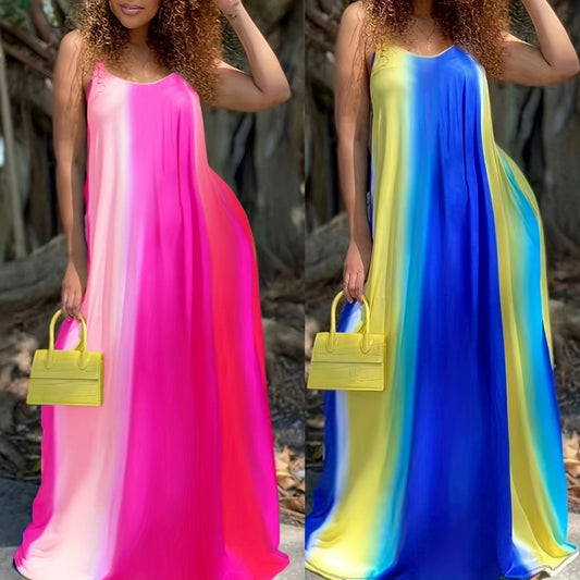 Oversized Tie-Dye Striped Colorblock V Neck Flowing Spaghetti Strap Slingback Maxi Dress to 8X Plus Size