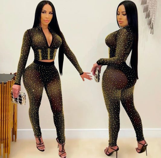 Crystal Mesh Sheer Rhinestone Studded Long Sleeve Crop Top & Transparent Glitter Leggings 2-Piece Set