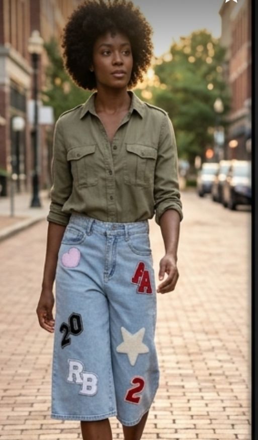 Varsity Style Embroidered Hip-Hop Streetwear Women's Knee Length Jean Shorts