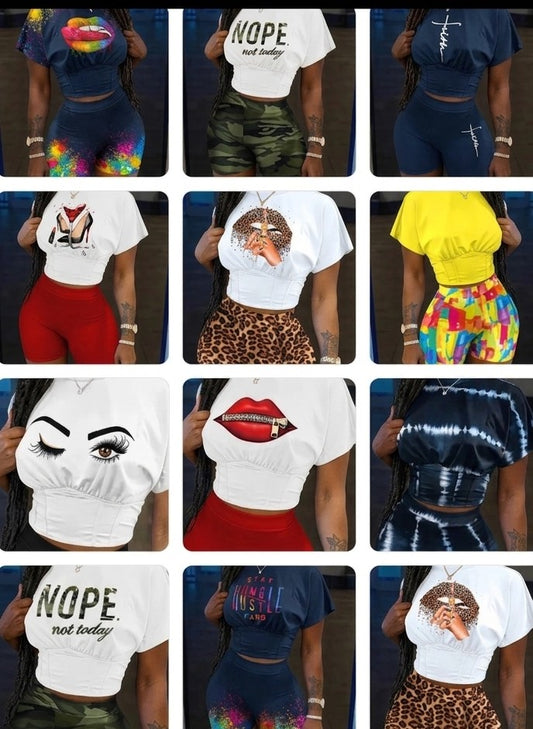 "NOPE Not Today"/Faith/Lip/Striped/Stiletto/Eyelash Print Women’s O-Neck Short Sleeve T-Shirt + Mini Shorts 2-Piece Set