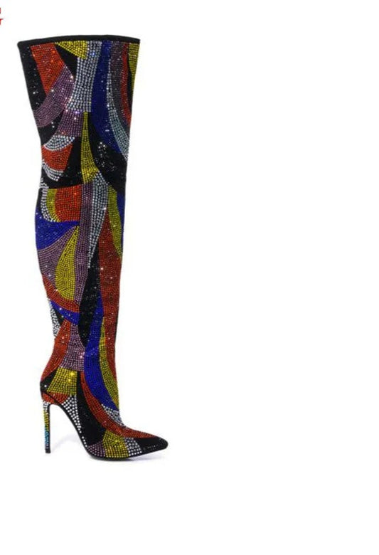 Rainbow Rhinestone Embellished Diamond Crystal High Heel Women's Pointed Toe        Over-The-Knee Boots