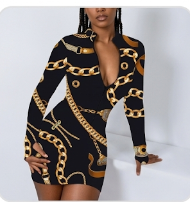 Geometric/Plaid/Baroque/Houndstooth Long Sleeve Bodycon Deep V-Neck Mini Dress