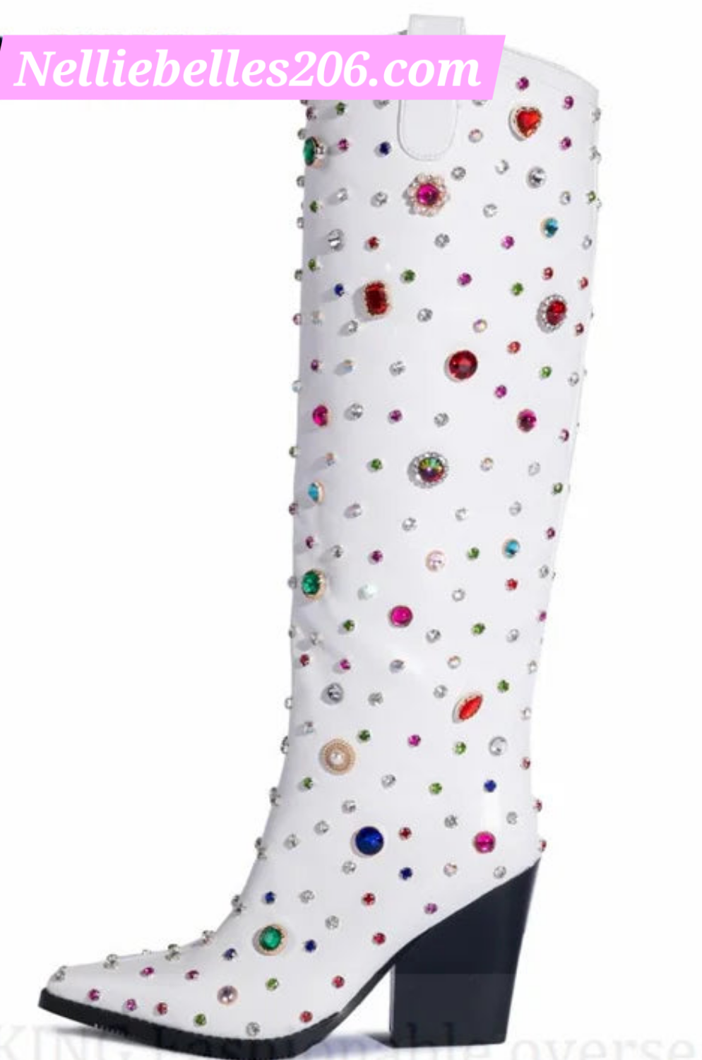 Rhinestone Embellished Western Cowgirl Chunky Block Heel Knee-High Pointed Toe Slip-On Boots