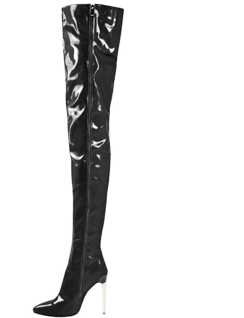 Patent Leather Over-the-Knee Women's Metal Thin Stiletto Heel Boots