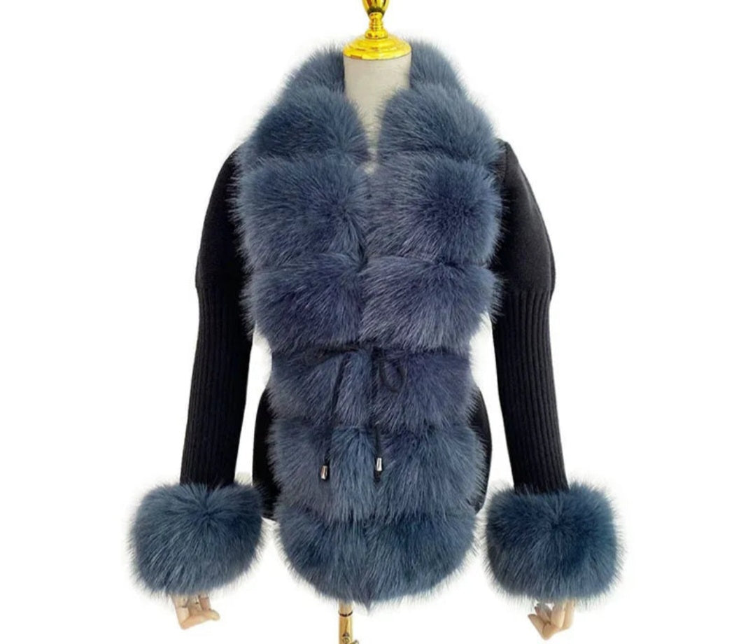 Faux Fur Ladies Knitted Detachable Collar Cardigan Sweater Jacket