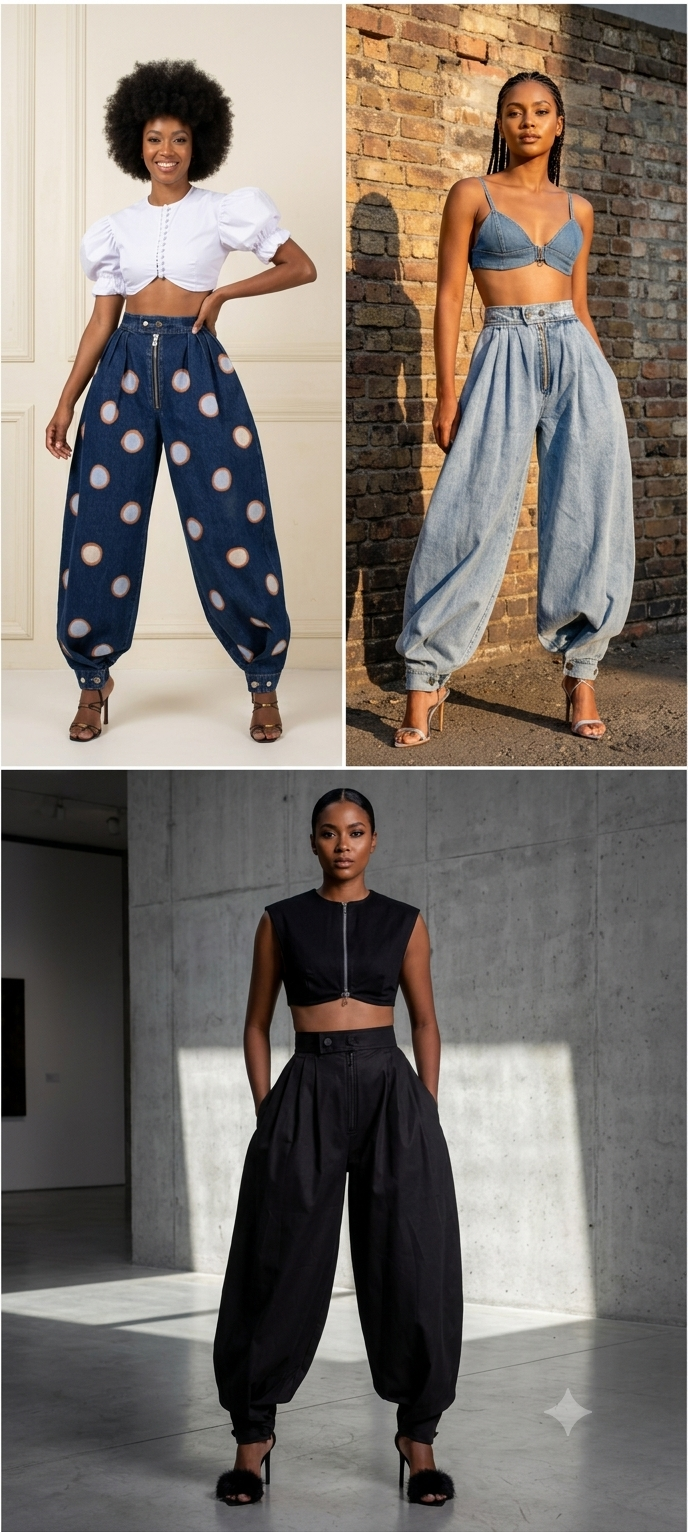 Denim Baggy High Waist Ankle-Length Women's Zipper Harem Jeans to 3X Plus Size