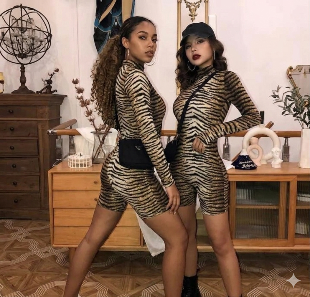 Leopard/Zebra Print Mock Neck Long Sleeve Women's Skinny Bodycon Shorts Romper