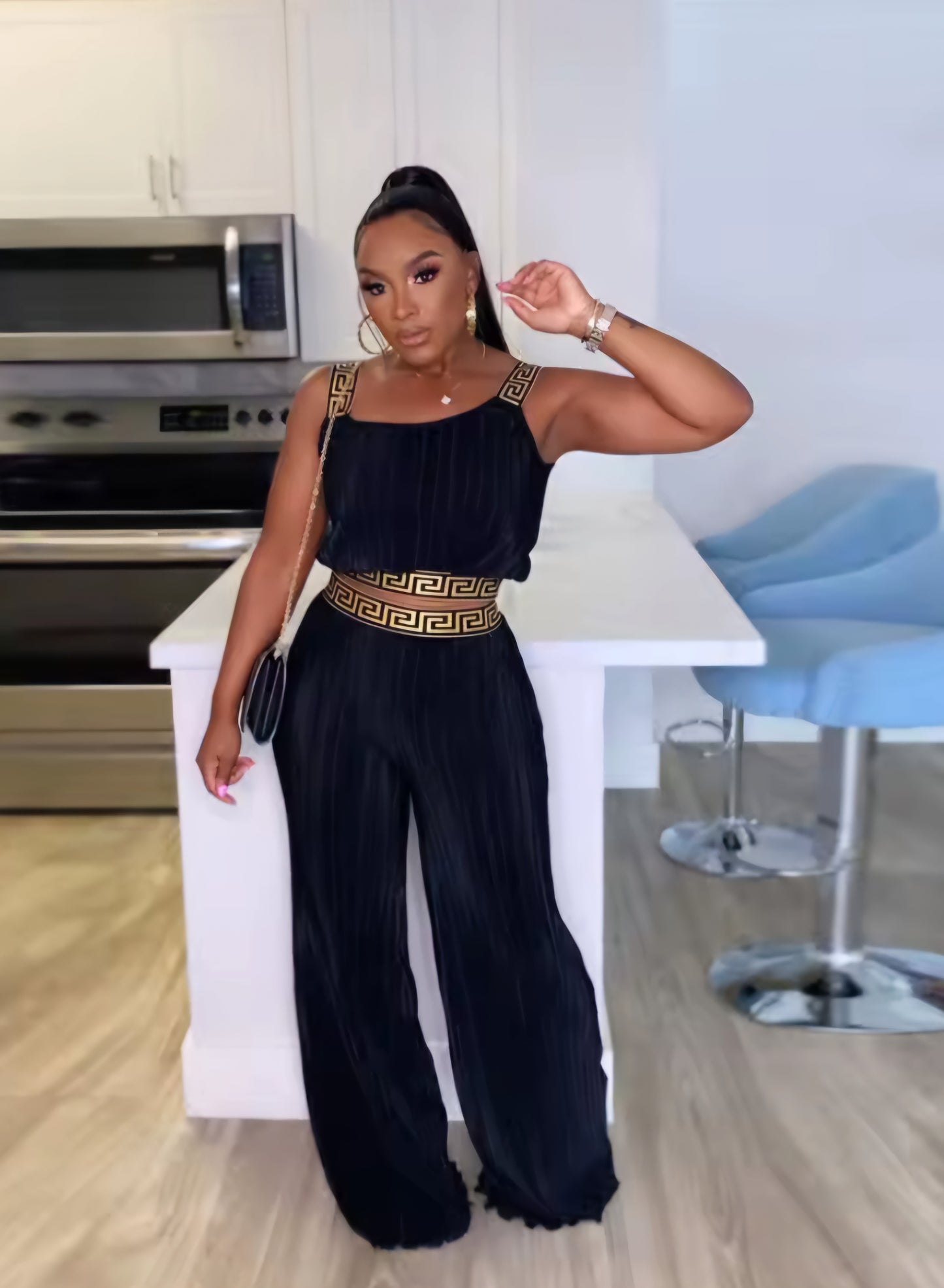 Geometric Print Trim Solid Color Sleeveless Ruched Women's Crop Halter Top + Palazzo Pants 2-Piece Set