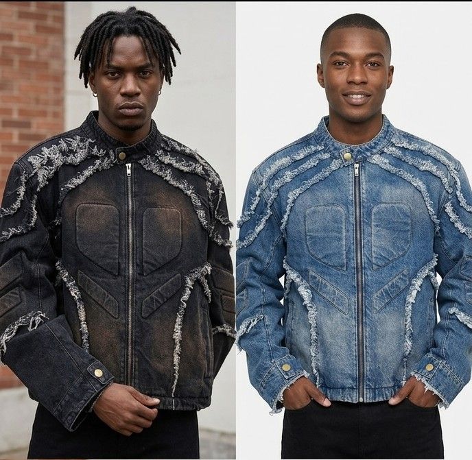 Men's Denim Vintage Tiered Tassel Fringe Embossed Frayed Shoulder Design Stand Collar Biker Jean Jacket