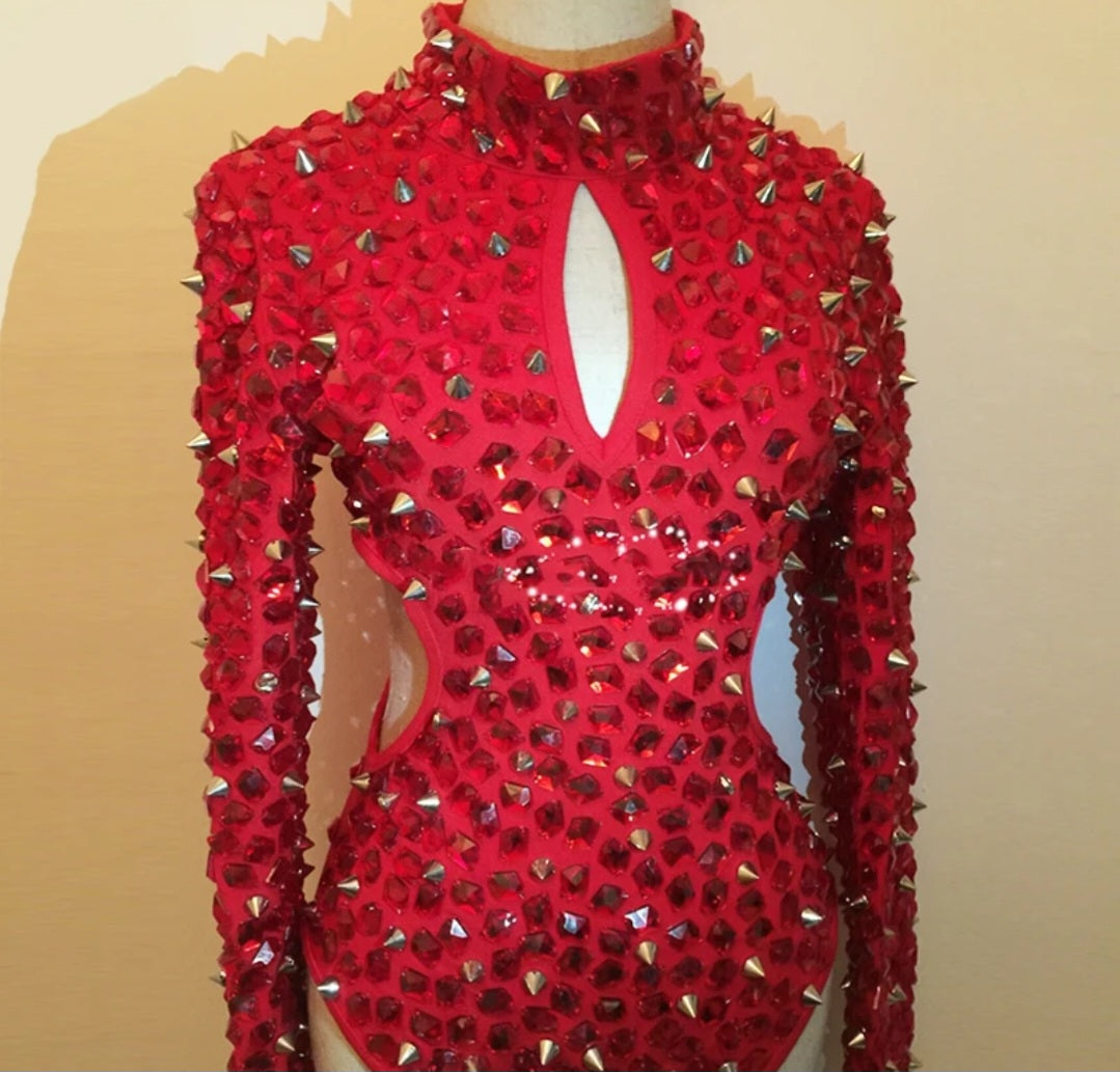 Red Rhinestone Rivet Long Sleeve Dance/Stage Performance Bodysuit