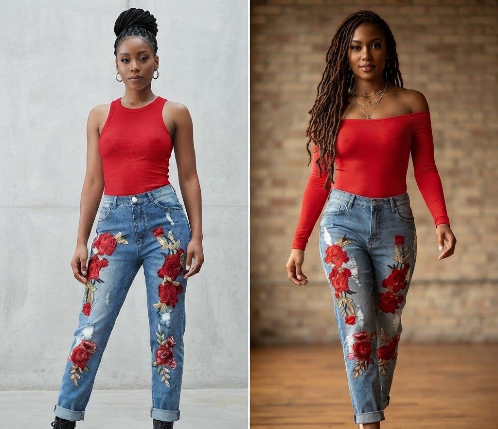 Red Rose Flower Print Women's Faded Blue Jeans to 3X Plus Size