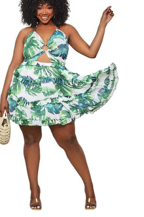 Floral Print Halter Sleeveless V-Beck Backless Cut-Out Ruffled Mini A-Line Dress