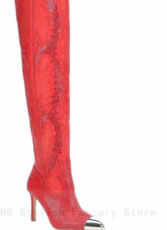 Western Embroidered Rhinestone Embellished Over-the-Knee Pointed Toe Thigh High Boots