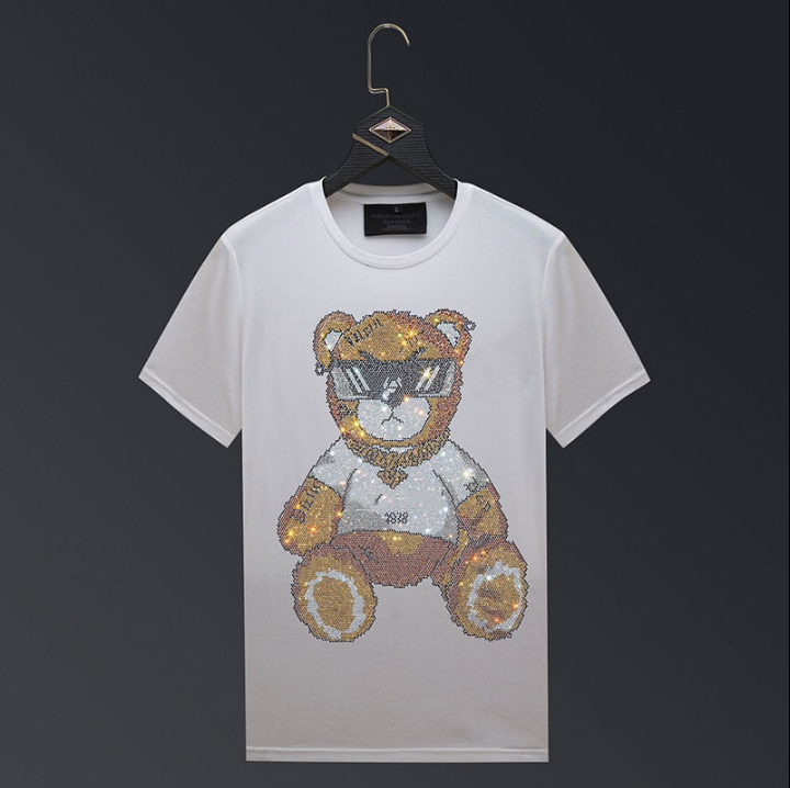 Men's Rhinestone Hip-Hop Teddy Bear Print O-Neck Short Sleeve T-Shirt