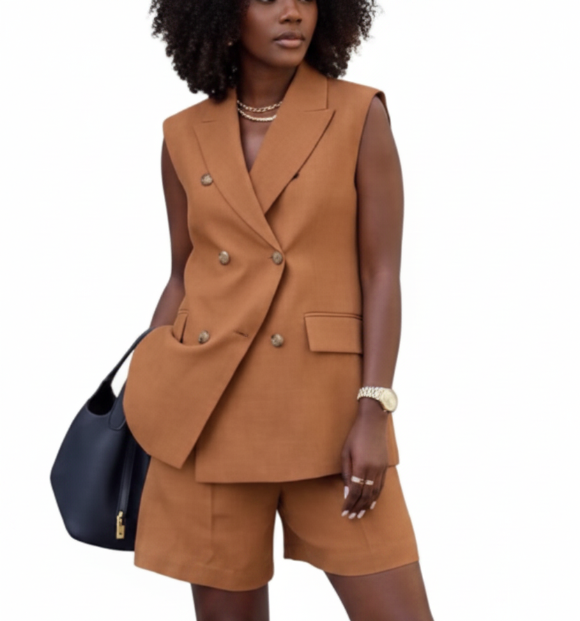 Business Button Design Double Breasted Women's Sleeveless Vest + Shorts Solid Color 2-Piece Suit