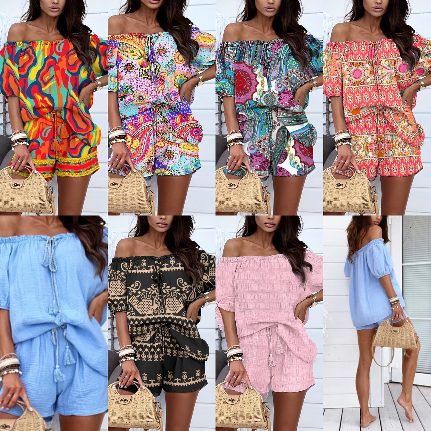 Loose Off-the-Shoulder Women’s Geometric/Floral/Solid Drawstring Shorts Romper