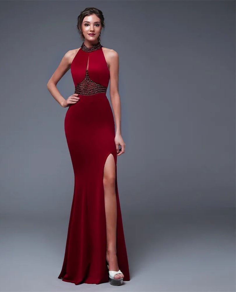 Sleeveless Cut-Out Backless High Side Slit Solid Prom/Bridesmaid Formal Mermaid Party Dress