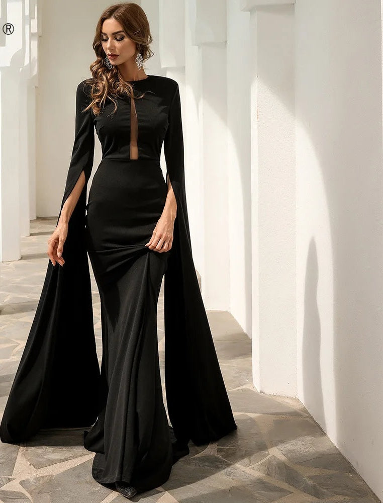 Mermaid Trumpet High Slit Long Sleeve Hollow-Out Bodycon Floor-Length Evening Gown Formal Maxi Dress