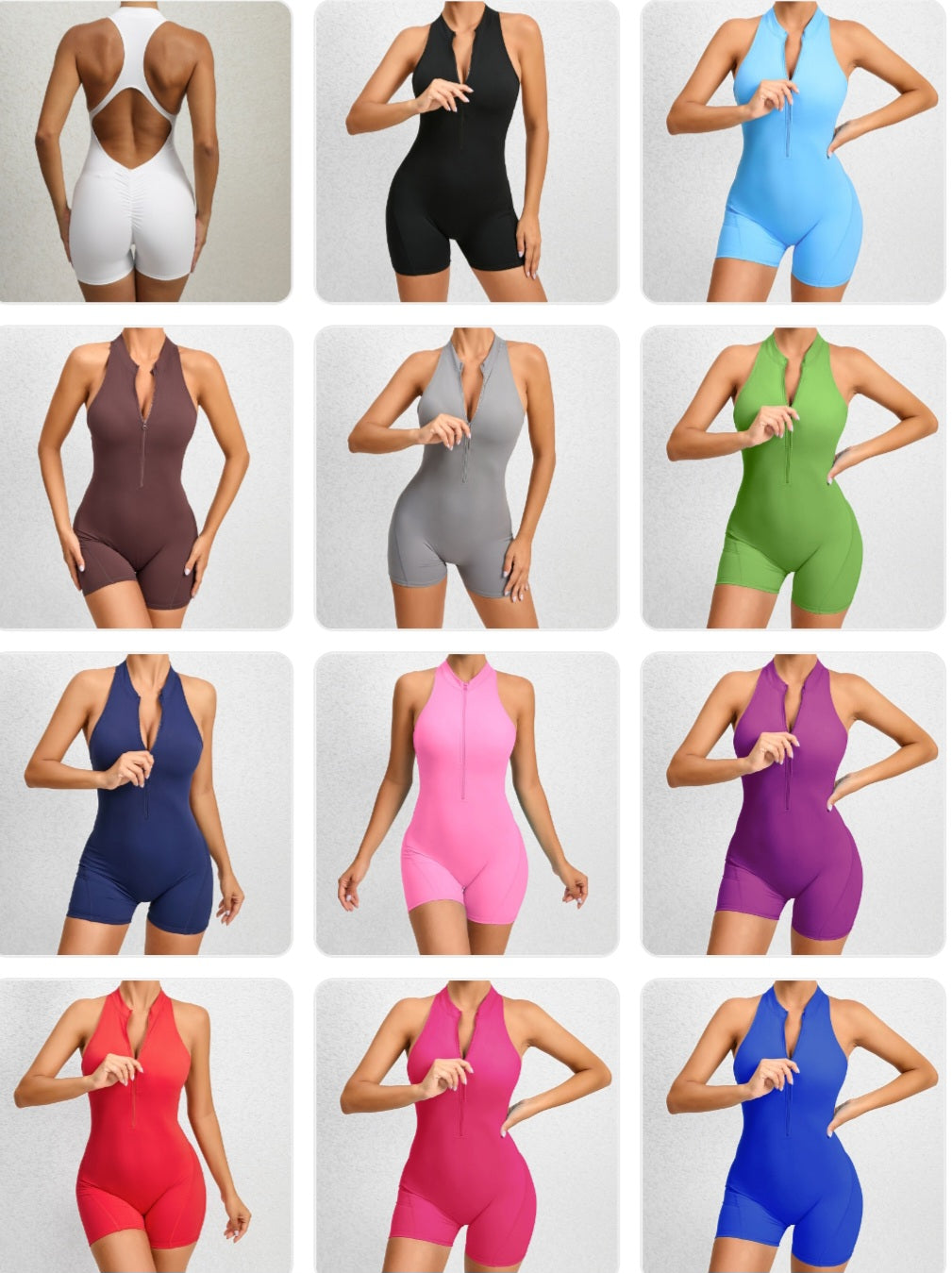 Zipper Front Sleeveless Women's Fitness Solid Color Tummy Control Stretch Butt Lifting Gym Workout Shorts Romper
