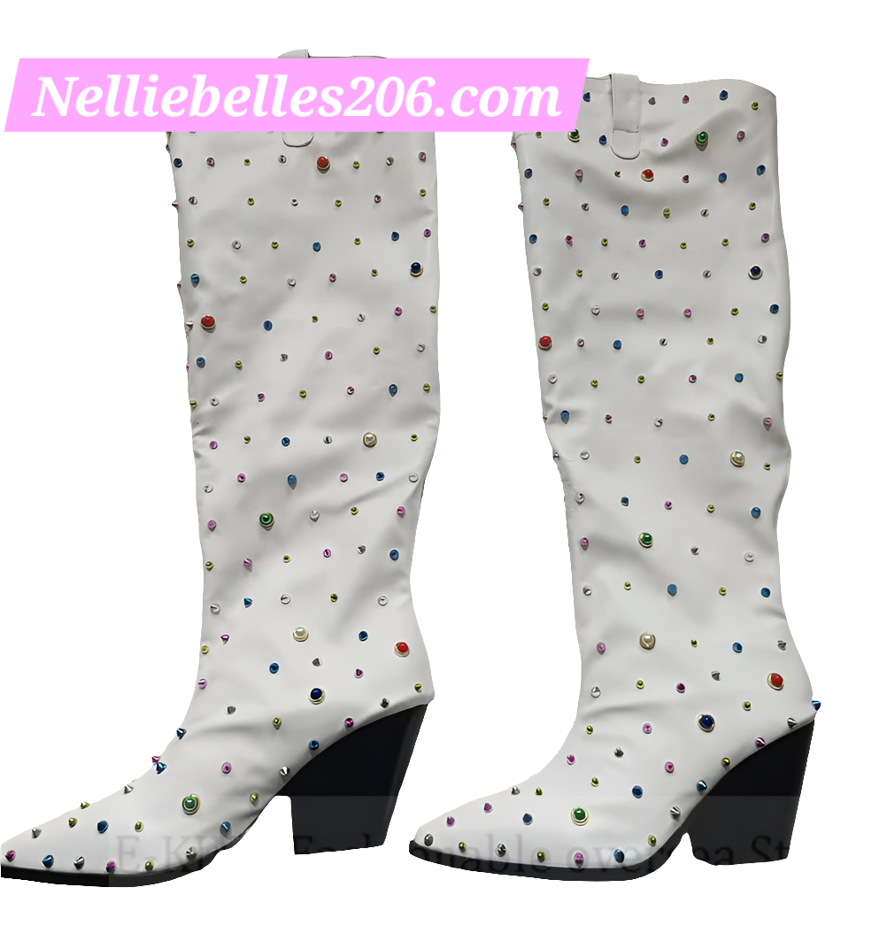 Rhinestone Embellished Western Cowgirl Chunky Block Heel Knee-High Pointed Toe Slip-On Boots