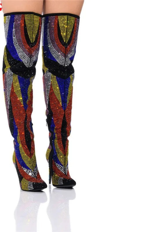 Rainbow Rhinestone Embellished Diamond Crystal High Heel Women's Pointed Toe        Over-The-Knee Boots