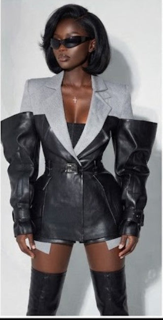 Leather Patchwork Black/Grey Irregular Hollow-Out Sleeve Design Women's Blazer Jacket